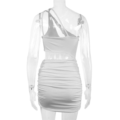 Sexy One Shoulder Hollow Out Mini Dress Women Sleeveless Backless Party Nightclub Outfit